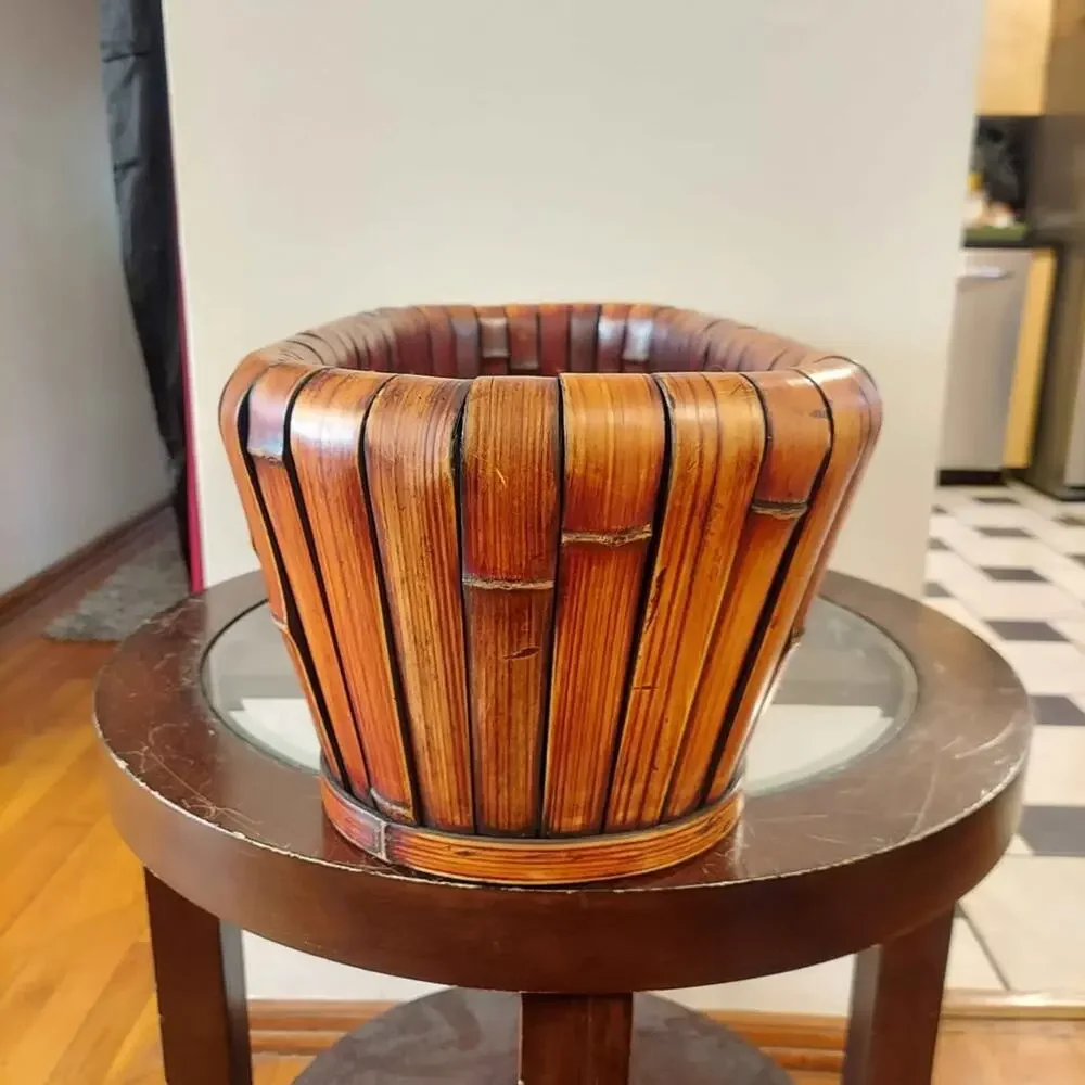 Vintage Mid Century Italian Rattan Bamboo & Wood Planter or Centerpiece Basket
